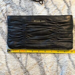 MICHAEL Michael Kors Black Ruched Leather Wristlet Clutch with Gold Logo